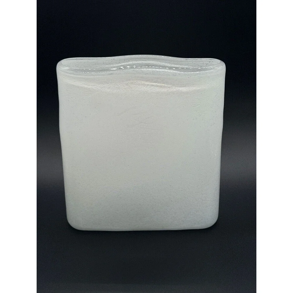VTG White Enamel Mottled Glass Flat Pillow Vase 8.5